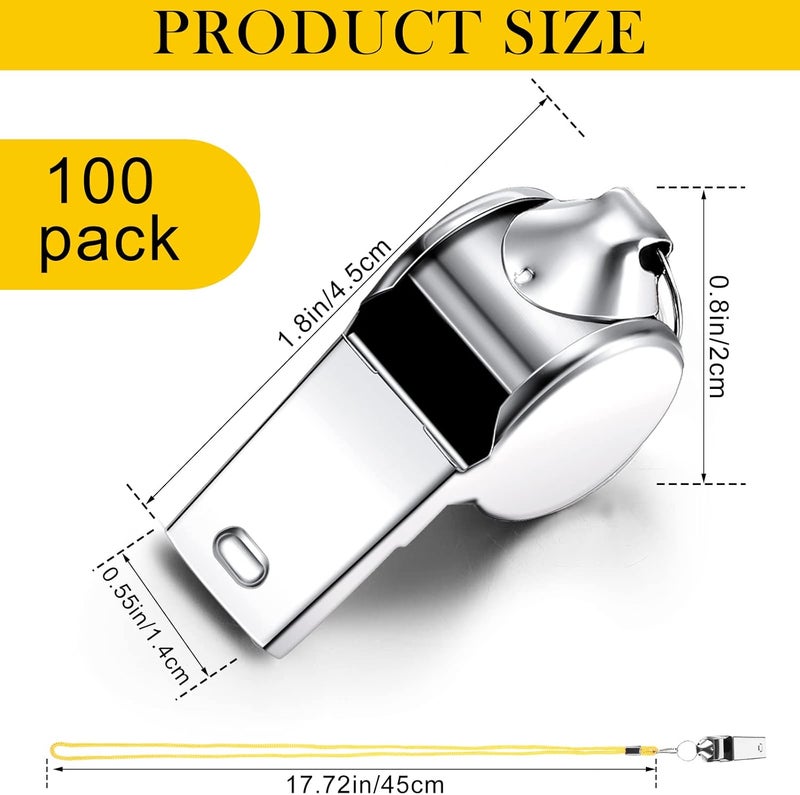 Kingdder 100 Pcs Metal Referee Whistle Bulk for Coach Whistles for Adults with Lanyard Stainless Steel Sports Whistle Emergency Loud Sound Whistle for Teachers Polices School Sports - Image 2